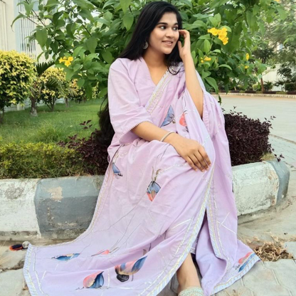 Lilac Handpainted Dupatta Suit Set (Set of 3)