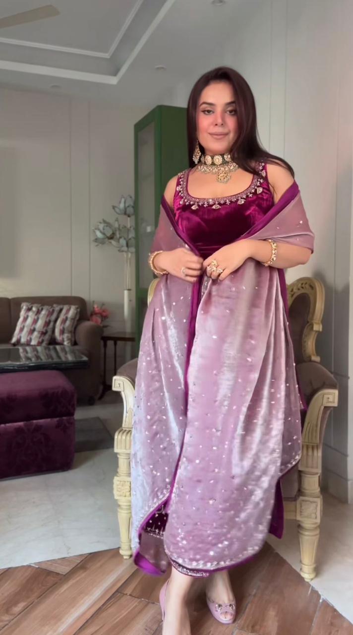 Royal Plum Velvet Embroidered Kurta Set | Gulaal Jaipur