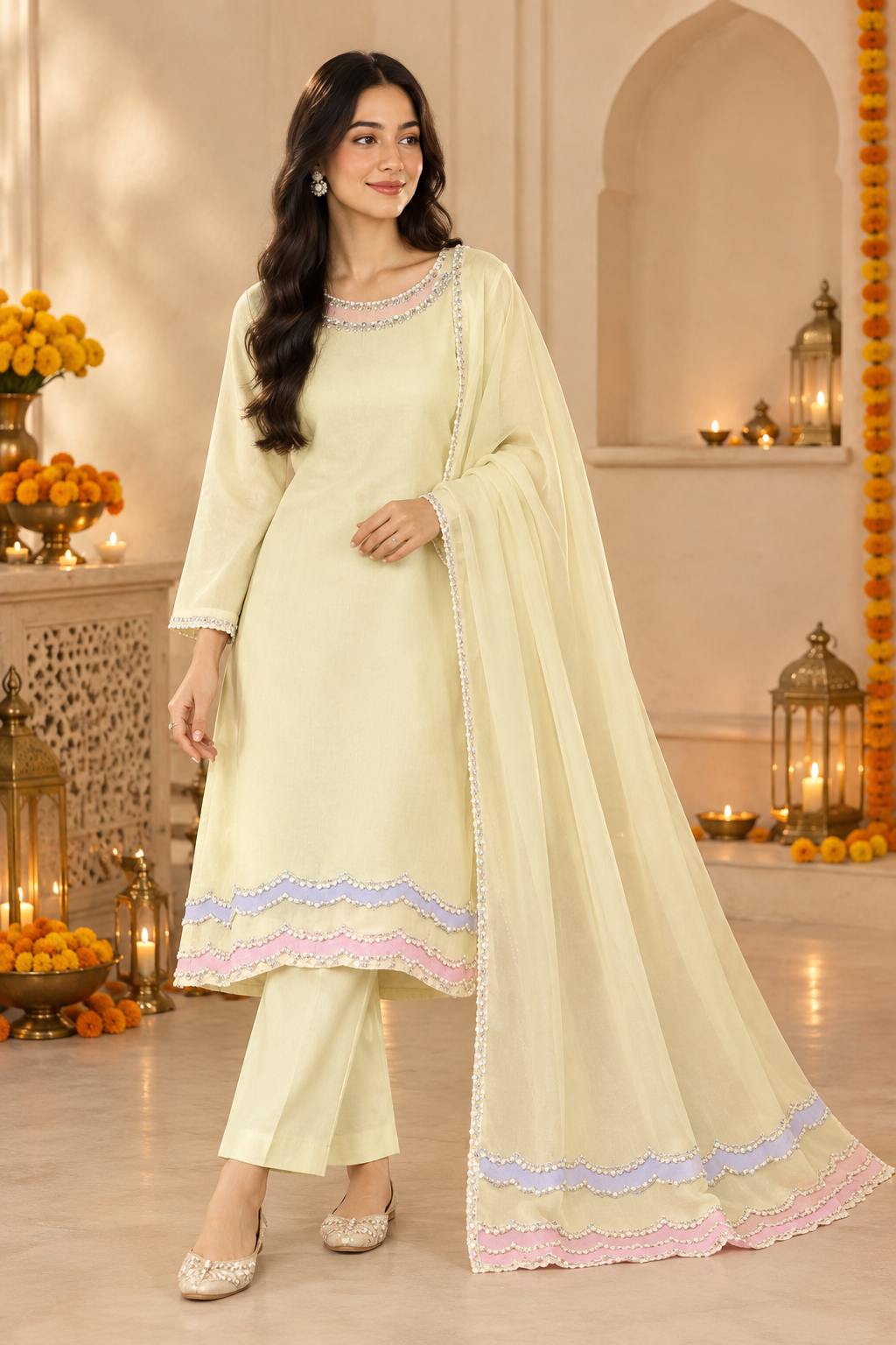 Pastel Lemon Embroidered Festive Suit Set