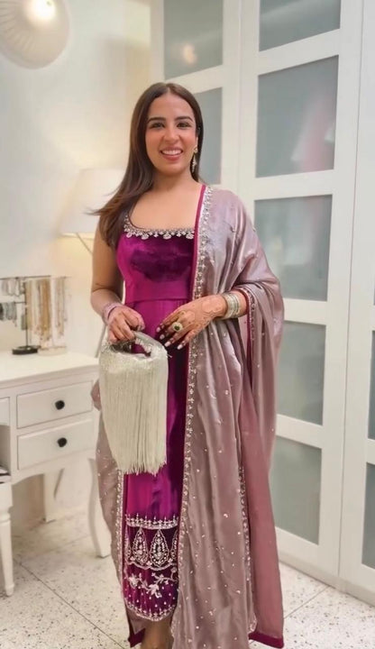 Royal Plum Velvet Embroidered Kurta Set | Gulaal Jaipur