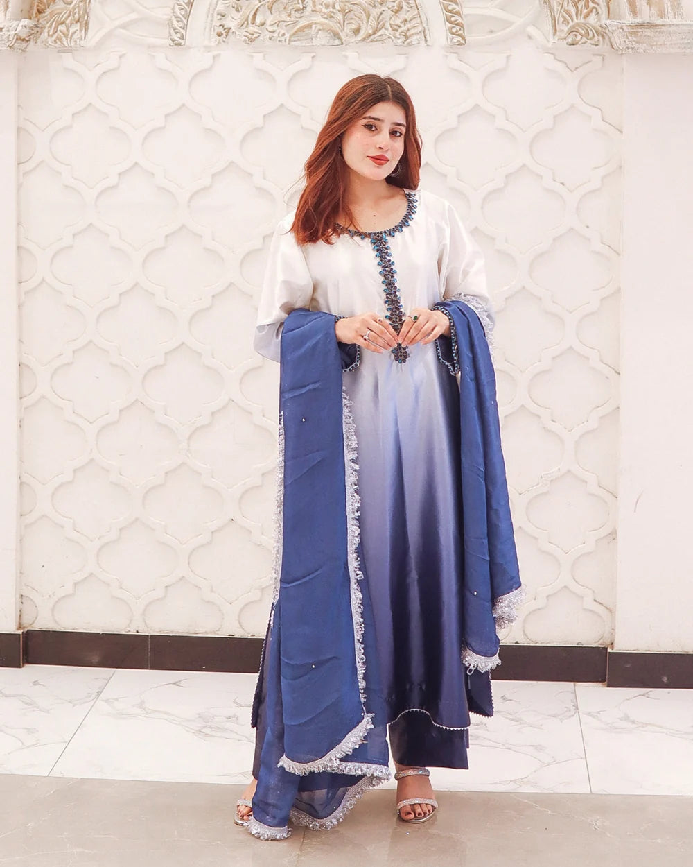 Mayura Sky-Blue and Indigo Handcrafted Suit Set | Gulaal Jaipur