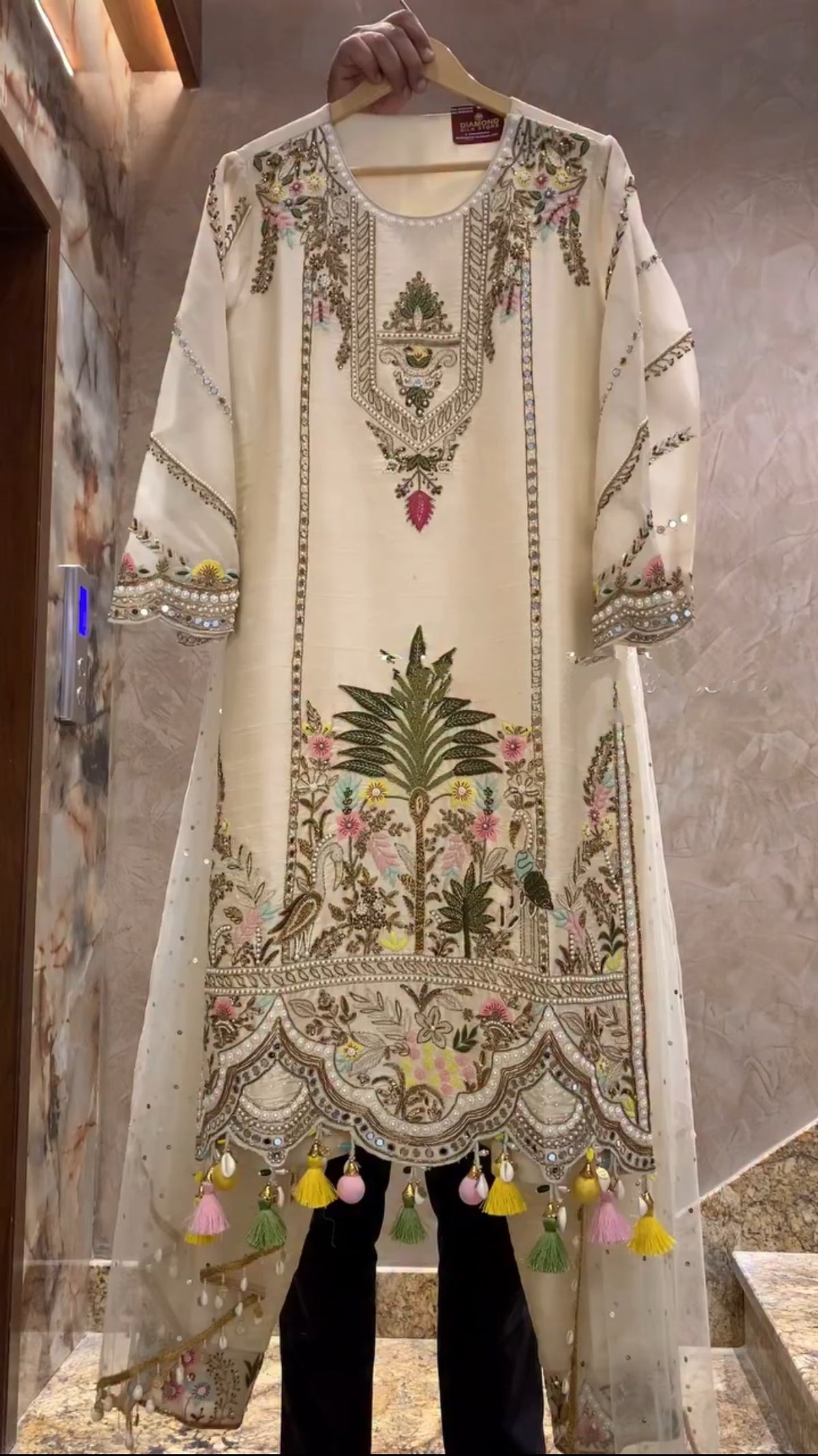 Maharani Ivory Embroidered Kurta Set with Tassel Dupatta | Gulaal Jaipur