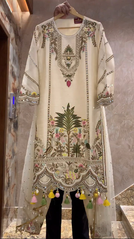 Maharani Ivory Embroidered Kurta Set with Tassel Dupatta | Gulaal Jaipur