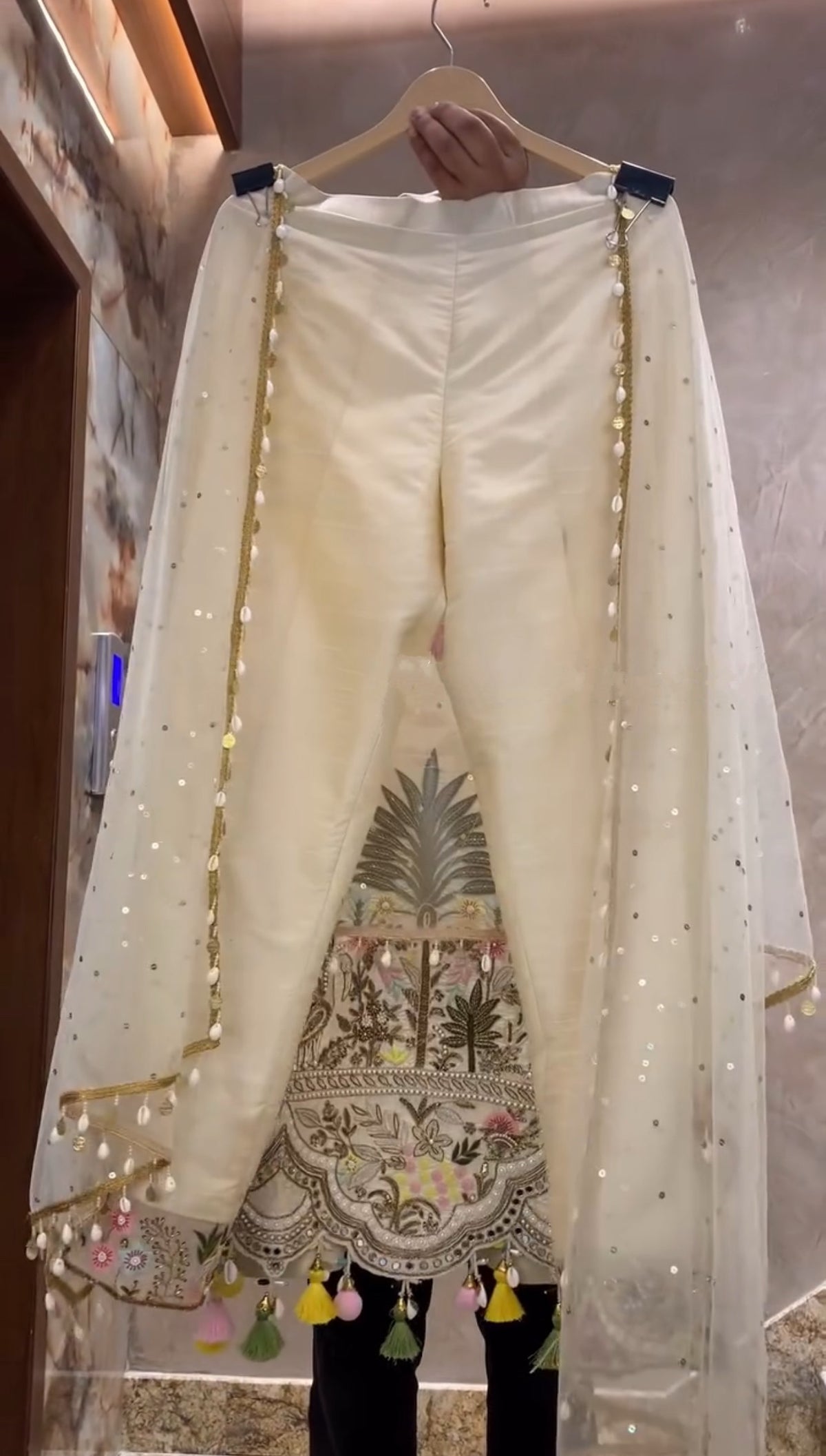 Maharani Ivory Embroidered Kurta Set with Tassel Dupatta | Gulaal Jaipur