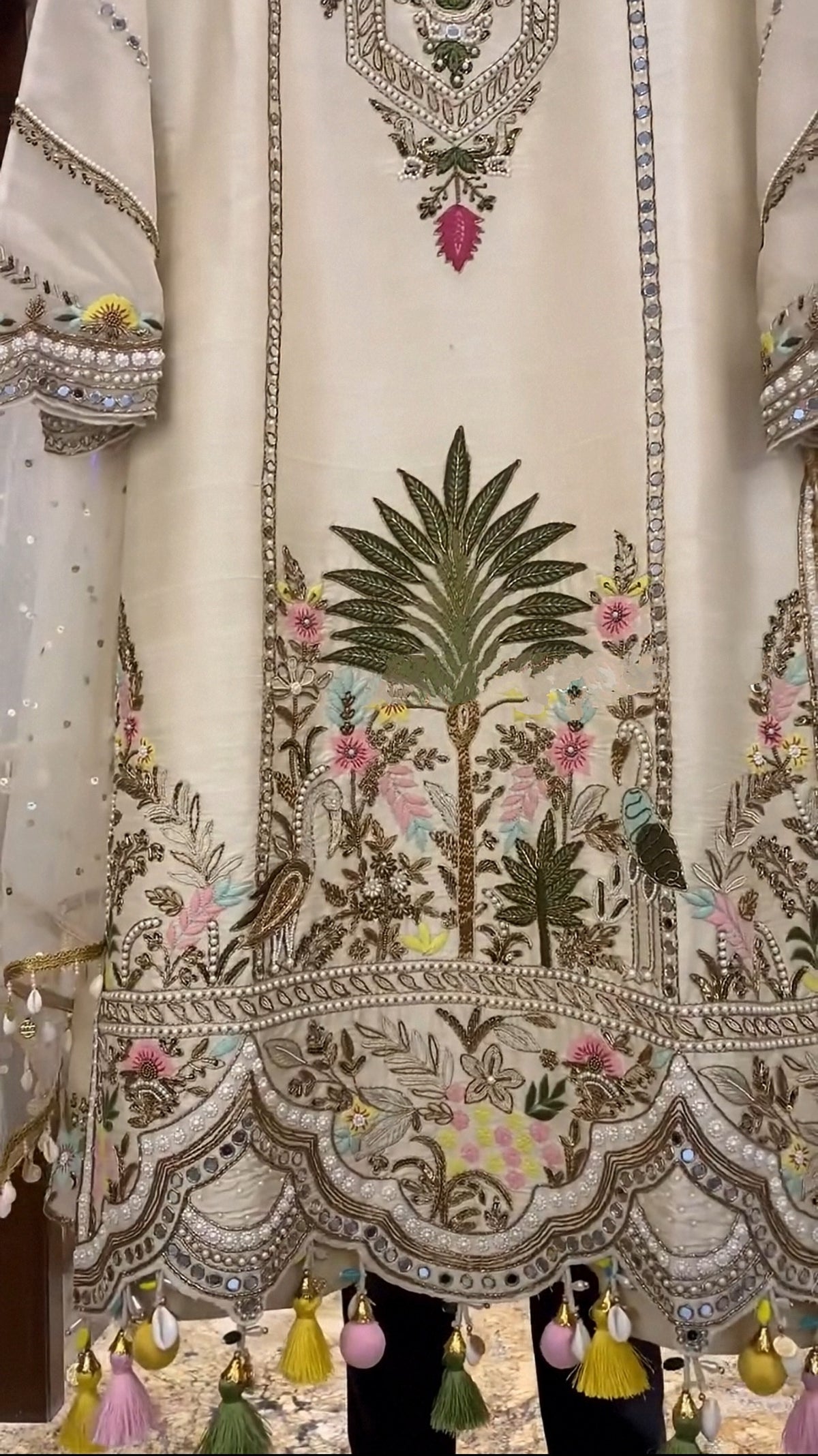 Maharani Ivory Embroidered Kurta Set with Tassel Dupatta | Gulaal Jaipur