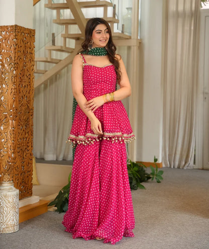 Pink Printed Georgette Palazzo Suit Set with Green Dupatta | Gulaal Jaipur