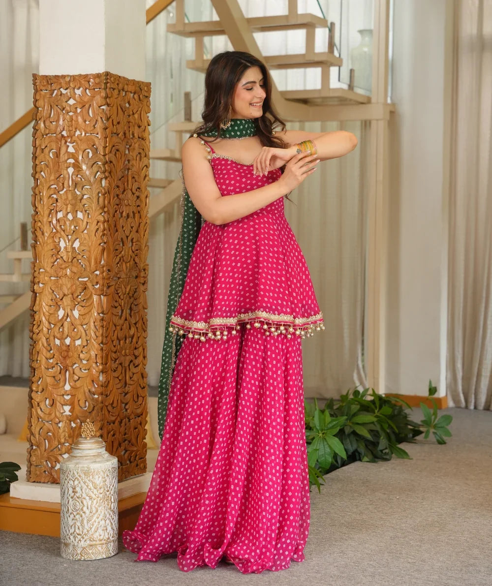 Pink Printed Georgette Palazzo Suit Set with Green Dupatta | Gulaal Jaipur