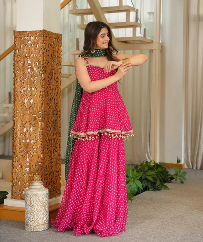 Pink Printed Georgette Palazzo Suit Set with Green Dupatta | Gulaal Jaipur
