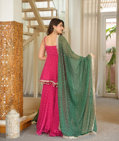 Pink Printed Georgette Palazzo Suit Set with Green Dupatta | Gulaal Jaipur