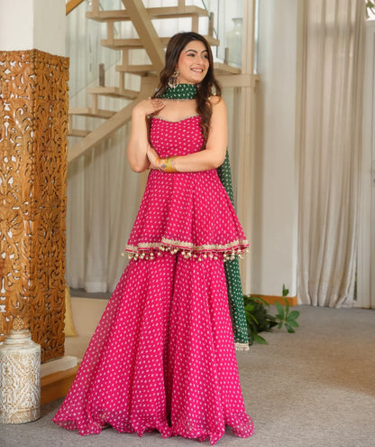 Pink Printed Georgette Palazzo Suit Set with Green Dupatta | Gulaal Jaipur
