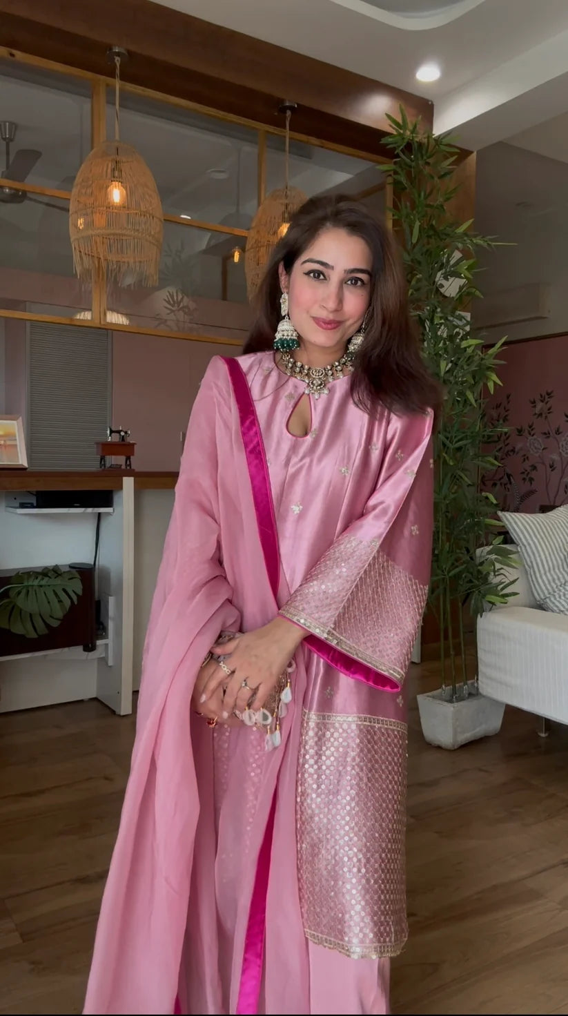 Pink Gajji Silk 3 Piece Suit Set