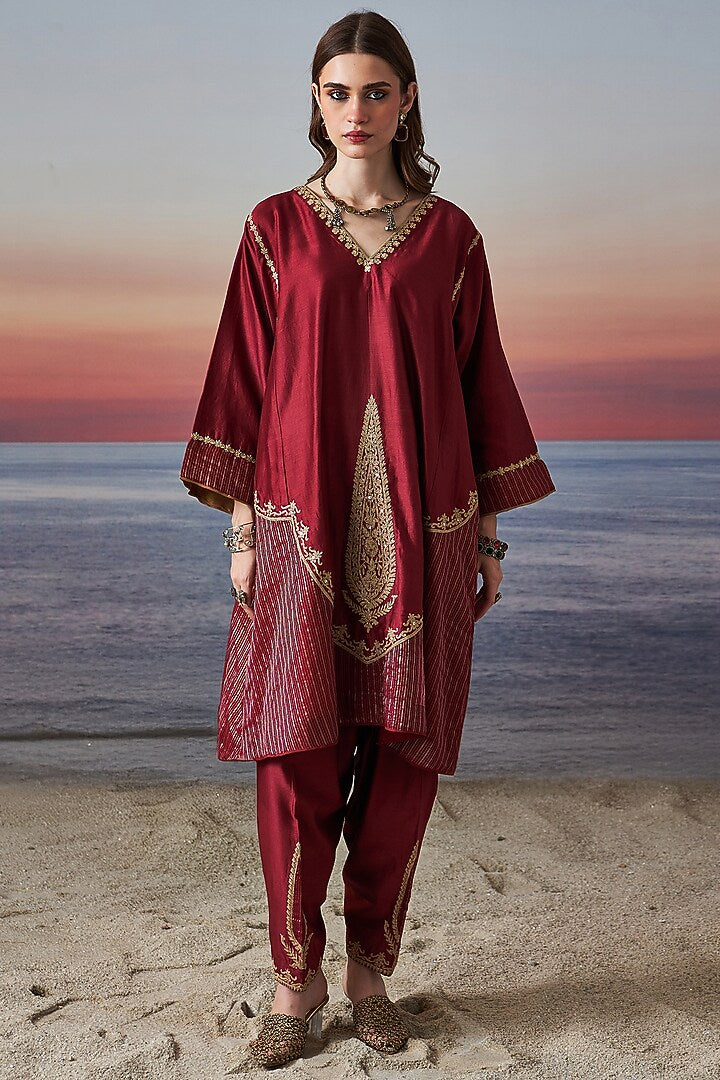Maroon Zari Embroidered Chanderi Kurta Set with Dupatta