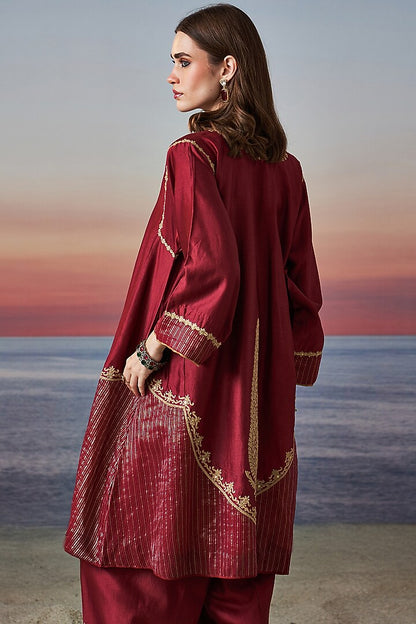 Maroon Zari Embroidered Chanderi Kurta Set with Dupatta