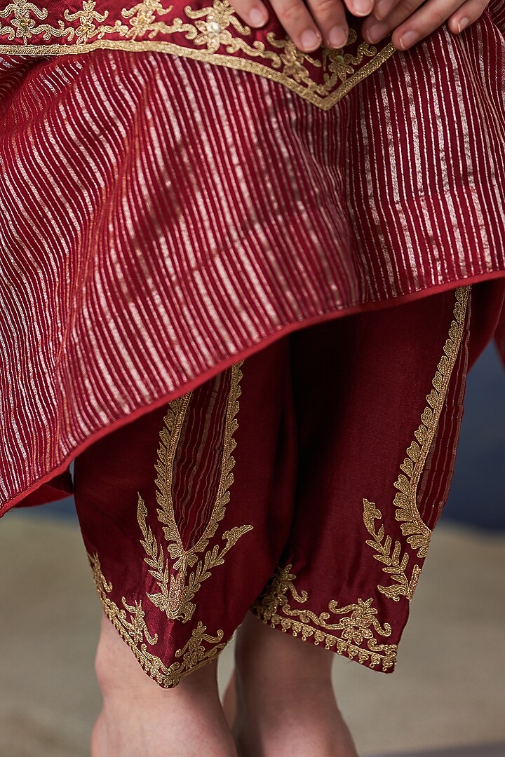 Maroon Zari Embroidered Chanderi Kurta Set with Dupatta