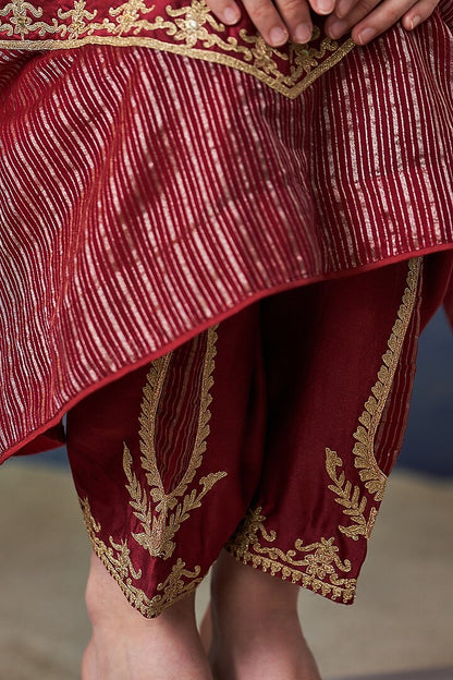 Maroon Zari Embroidered Chanderi Kurta Set with Dupatta