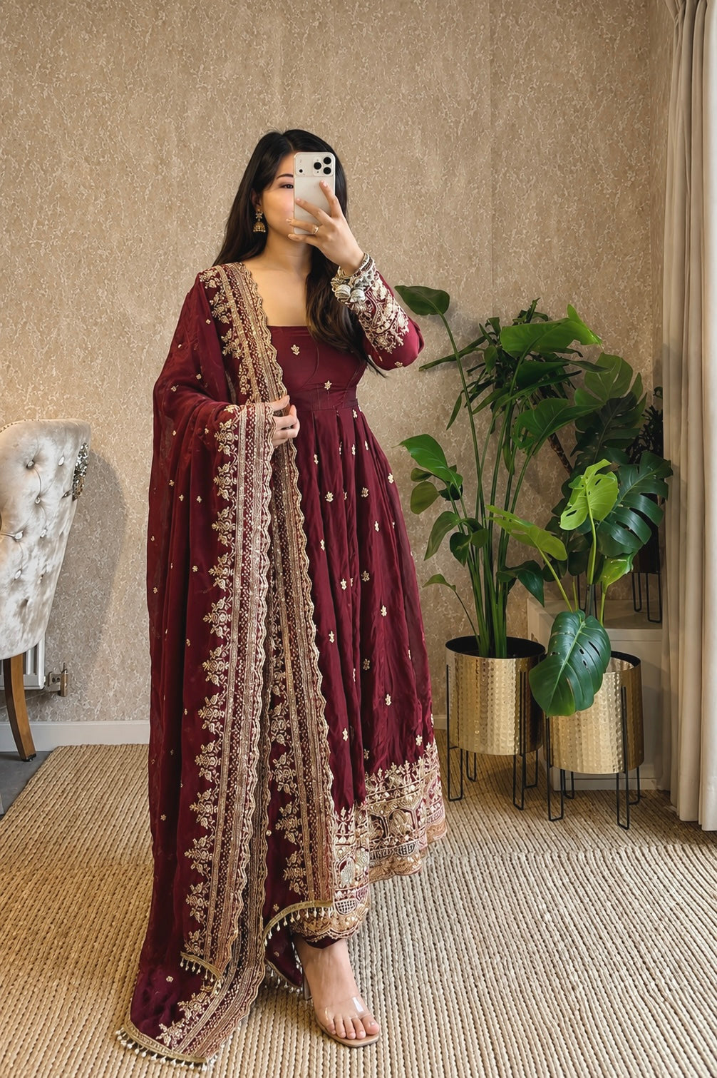 Diya Maroon Embroidered Anarkali Suit Set with Dupatta | Gulaal Jaipur