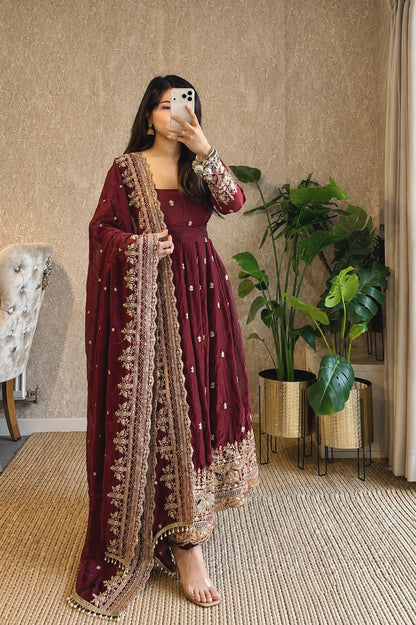 Diya Maroon Embroidered Anarkali Suit Set with Dupatta | Gulaal Jaipur