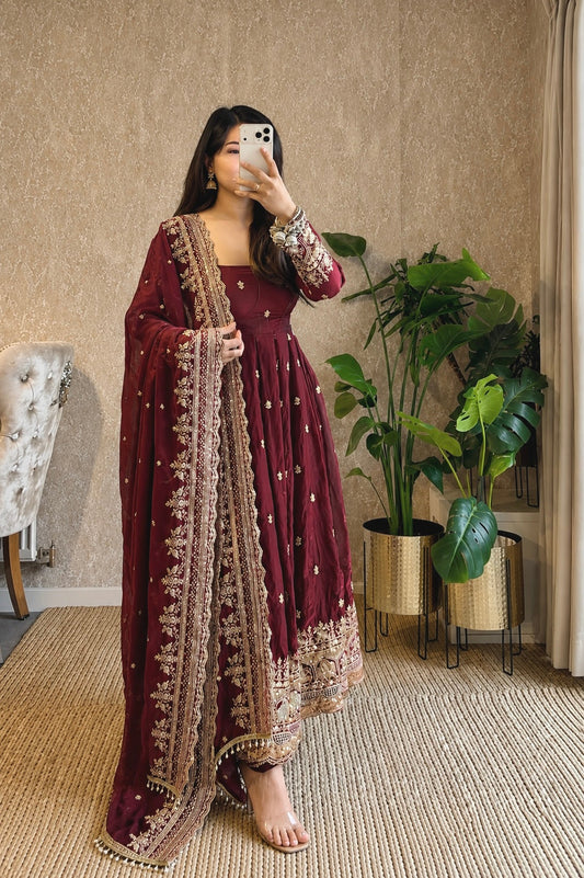 Diya Maroon Embroidered Anarkali Suit Set with Dupatta | Gulaal Jaipur