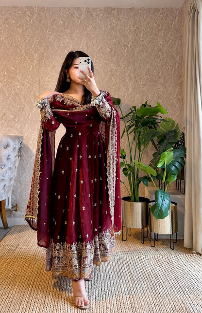 Diya Maroon Embroidered Anarkali Suit Set with Dupatta | Gulaal Jaipur