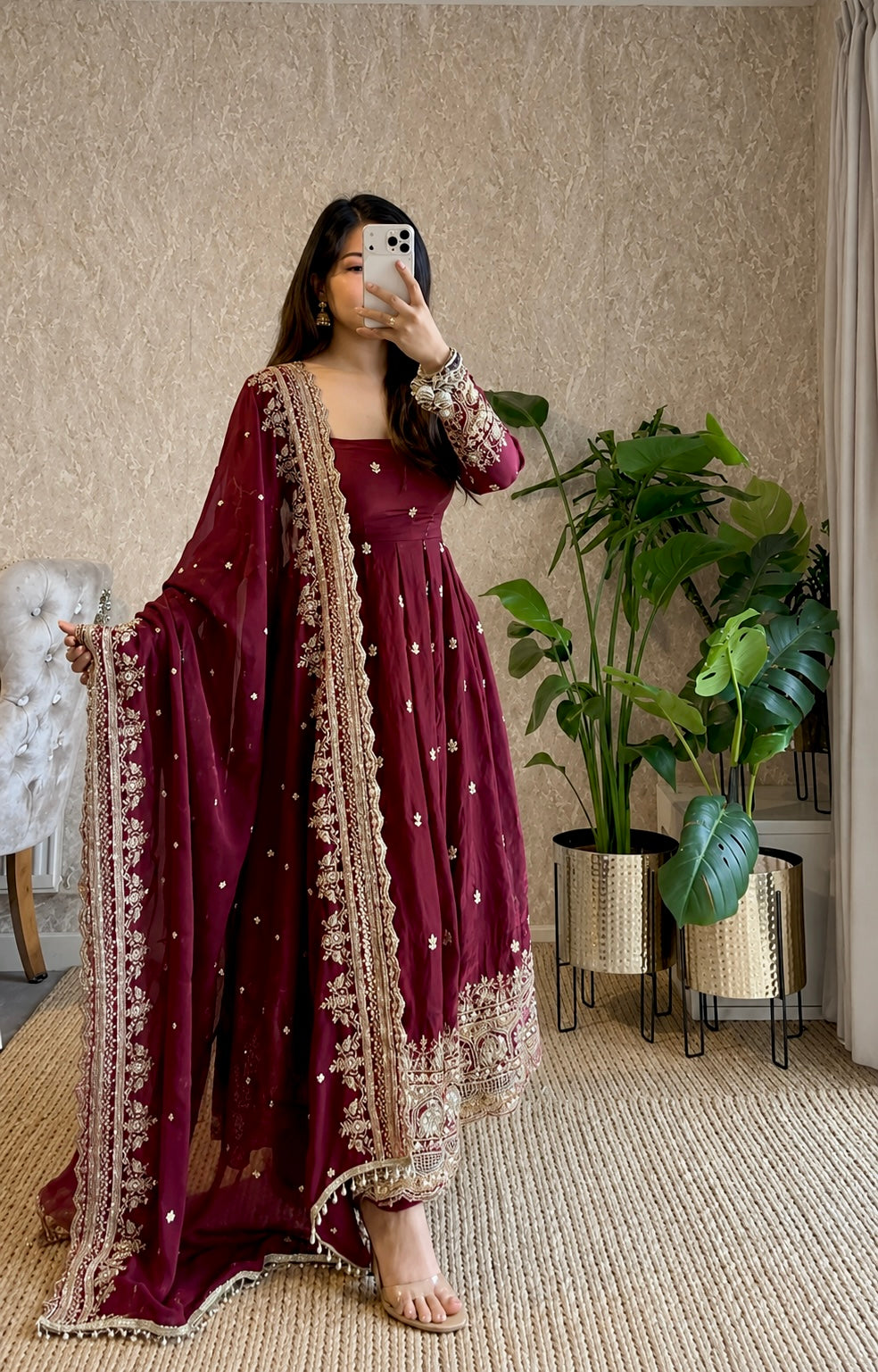 Diya Maroon Embroidered Anarkali Suit Set with Dupatta | Gulaal Jaipur