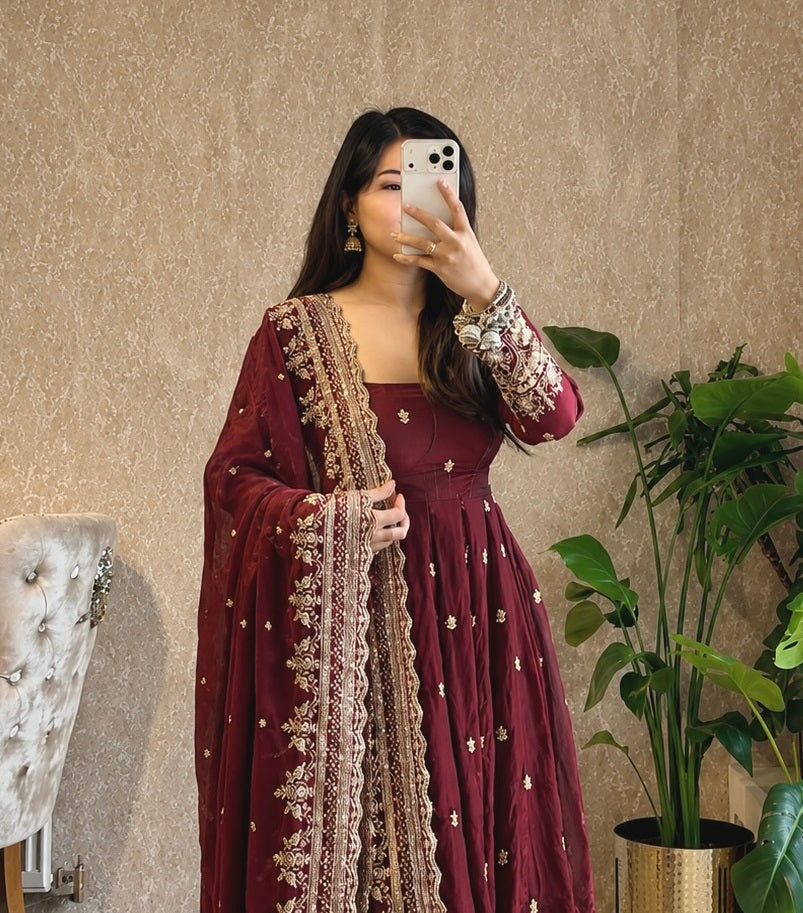 Diya Maroon Embroidered Anarkali Suit Set with Dupatta | Gulaal Jaipur
