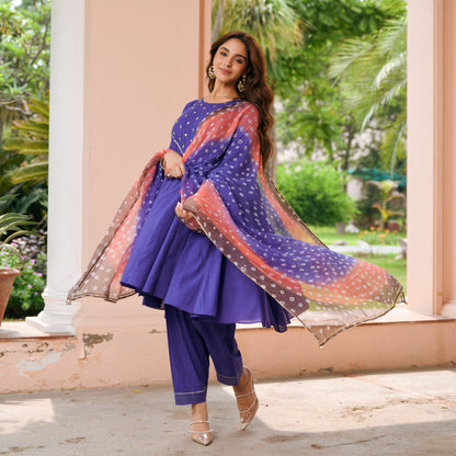Purple Bandhej Cotton Suit Set