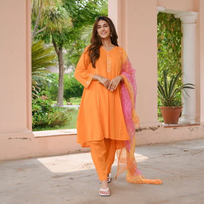 Orange Bandhej Cotton Suit Set