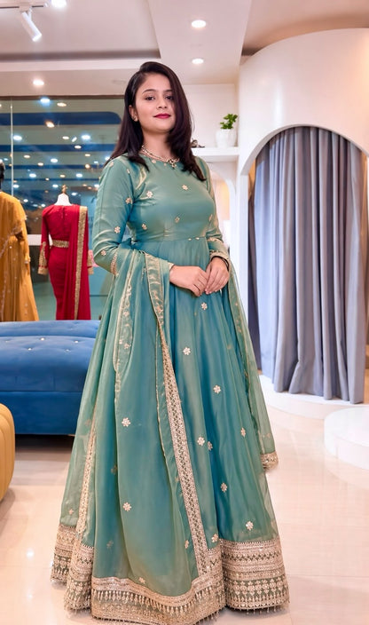 Teal Majesty Silk Flared Anarkali Set | Gulaal Jaipur
