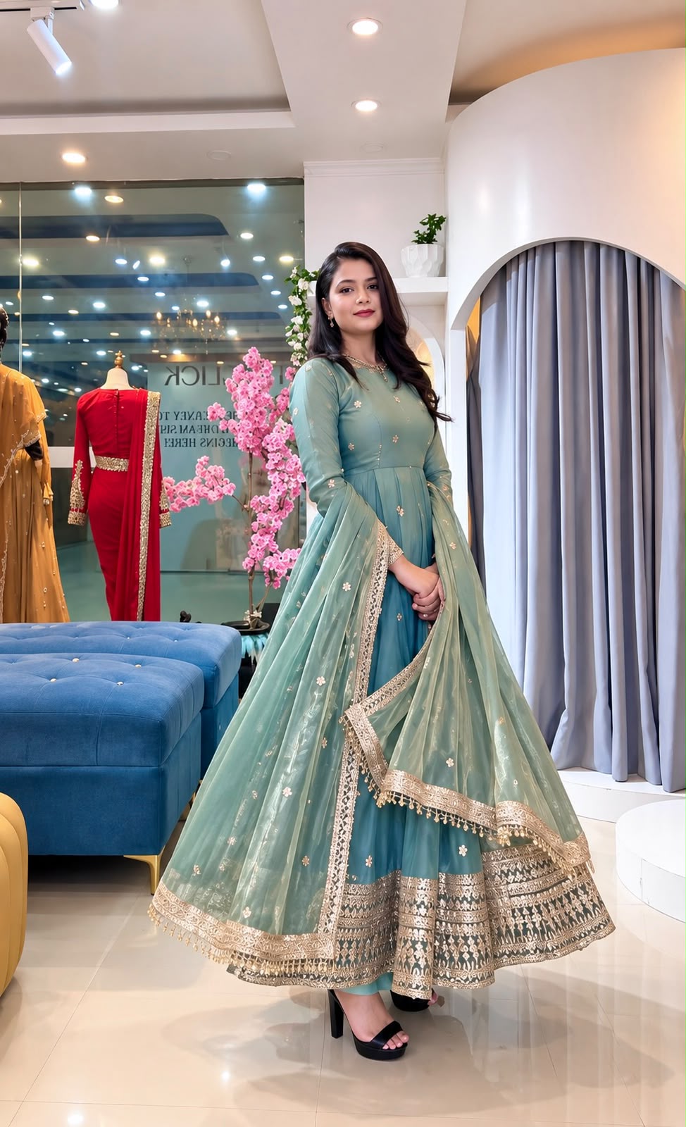 Teal Majesty Silk Flared Anarkali Set | Gulaal Jaipur