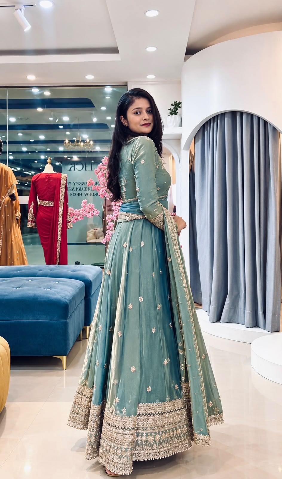 Teal Majesty Silk Flared Anarkali Set | Gulaal Jaipur