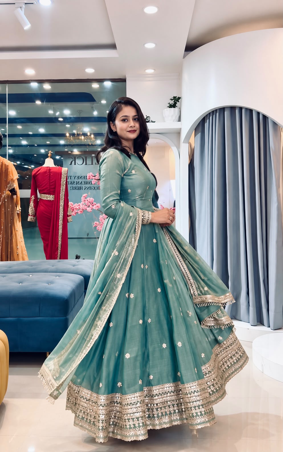 Teal Majesty Silk Flared Anarkali Set | Gulaal Jaipur