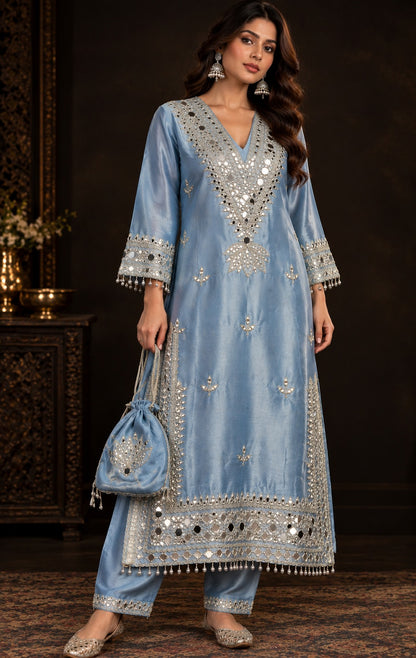 Aarohi Mirrorwork Silk Kurta Set with Potli | Gulaal Jaipur
