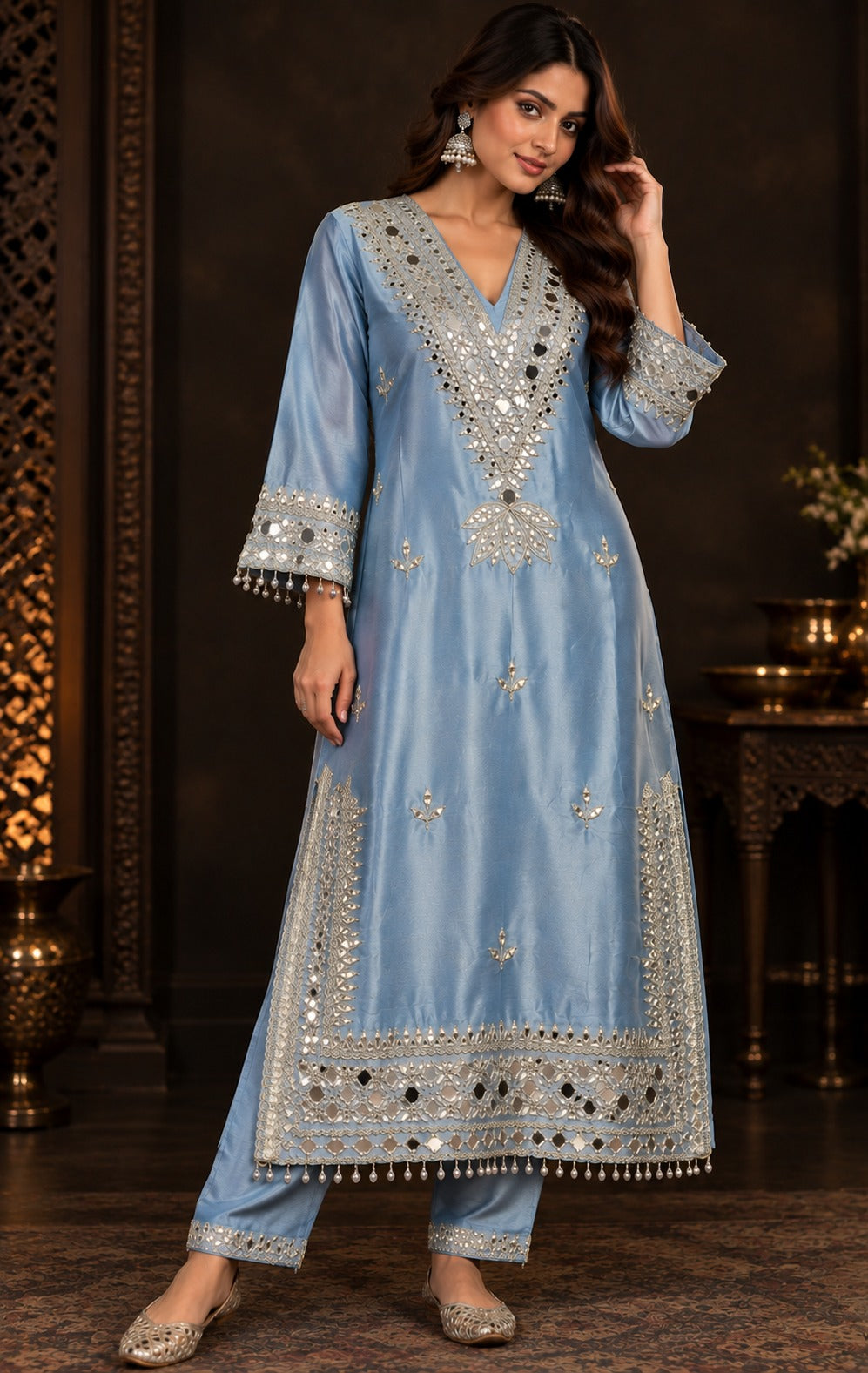 Aarohi Mirrorwork Silk Kurta Set with Potli | Gulaal Jaipur