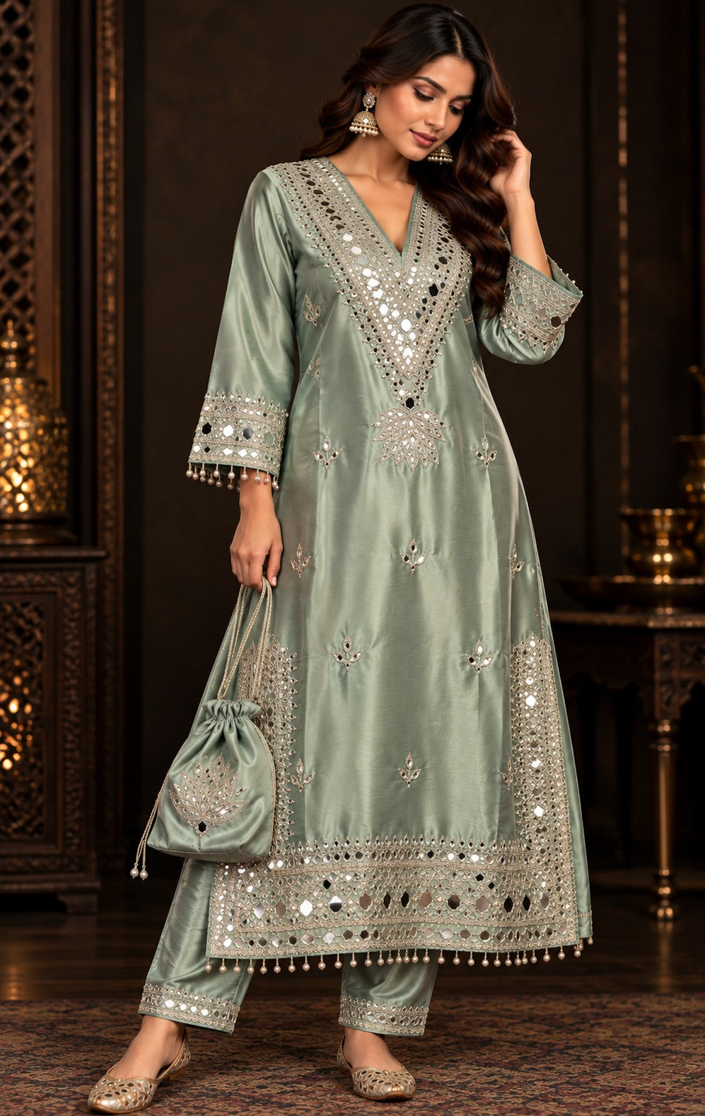 Aarohi Mirrorwork Silk Kurta Set with Potli | Gulaal Jaipur