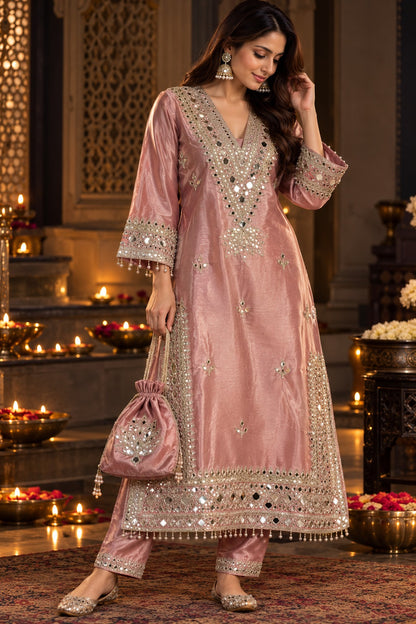 Aarohi Mirrorwork Silk Kurta Set with Potli | Gulaal Jaipur