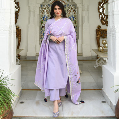 Lilac Handpainted Dupatta Suit Set (Set of 3)
