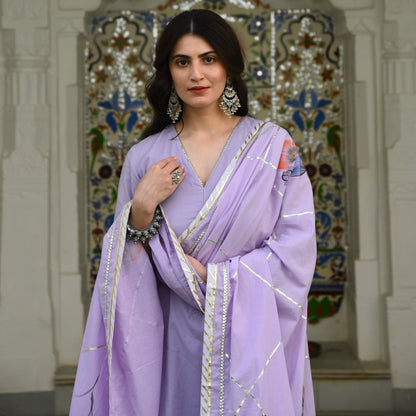 Lilac Handpainted Dupatta Suit Set (Set of 3)