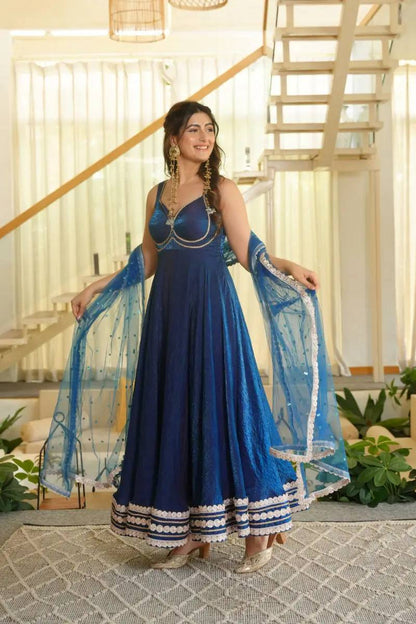 Royal Blue Embroidered Anarkali Suit Set with Dupatta | Gulaal Jaipur
