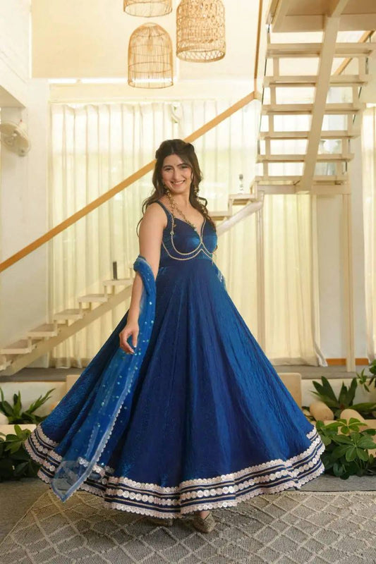 Royal Blue Embroidered Anarkali Suit Set with Dupatta | Gulaal Jaipur