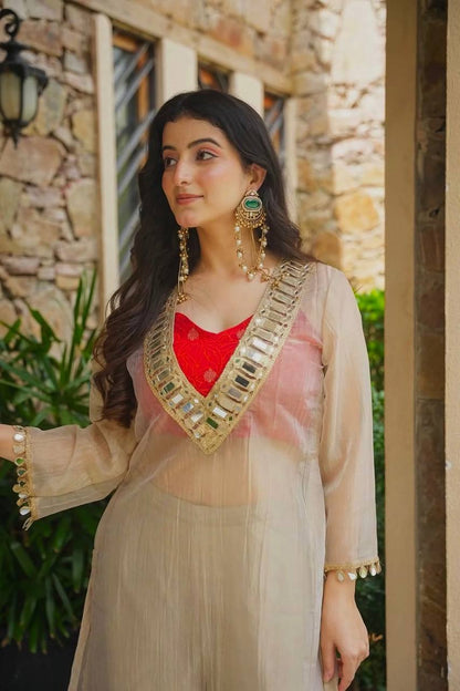 Ivory Anarkali Kurta and Palazzo Set with Embroidered Neckline | Gulaal Jaipur