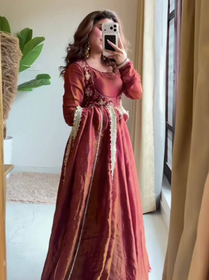 Rust Silk Embroidered Anarkali Suit Set with Dupatta | Gulaal Jaipur