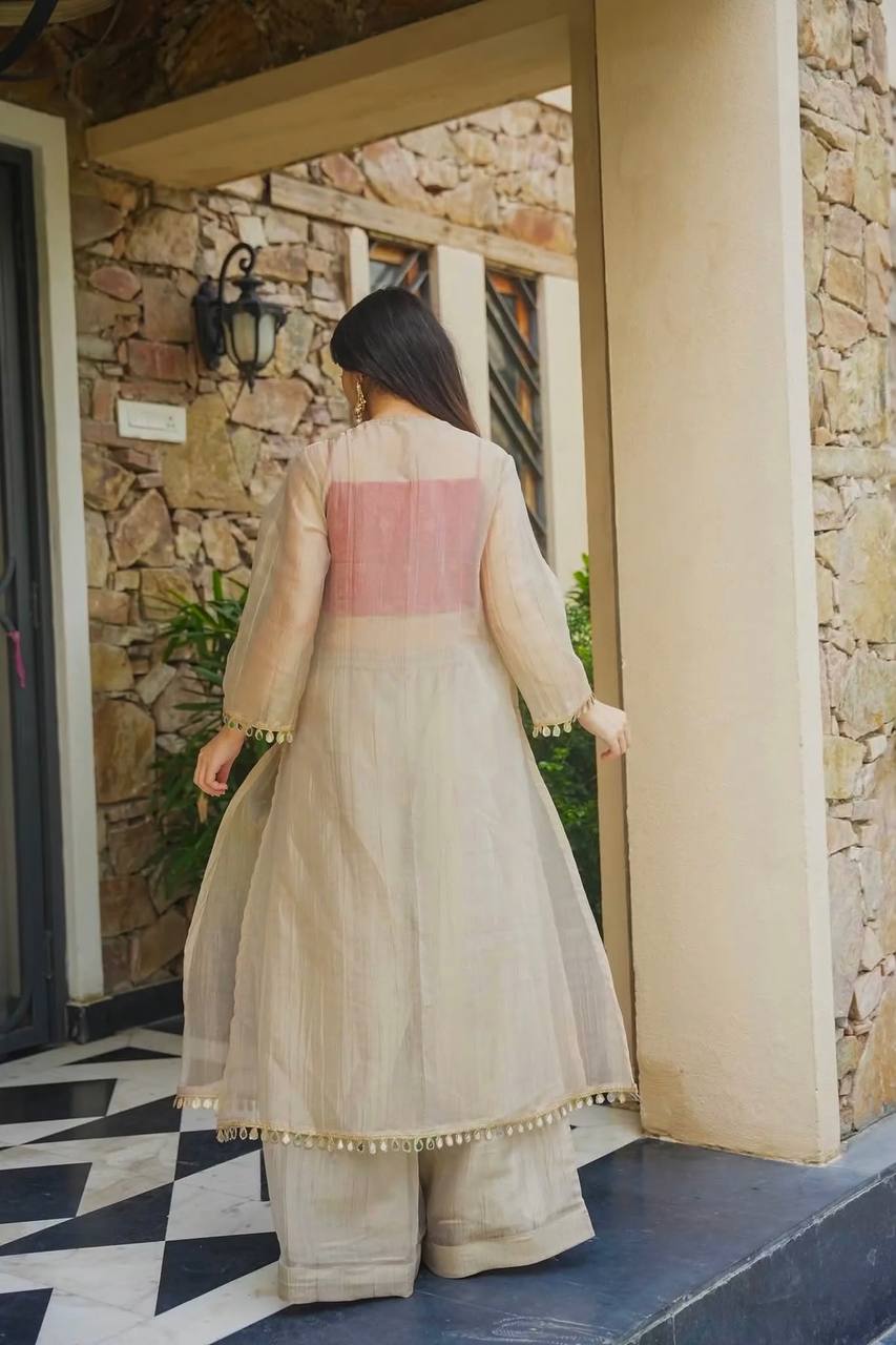 Ivory Anarkali Kurta and Palazzo Set with Embroidered Neckline | Gulaal Jaipur