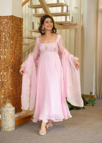Nisha Baby Pink Embroidered Anarkali Suit Set with Dupatta | Gulaal Jaipur