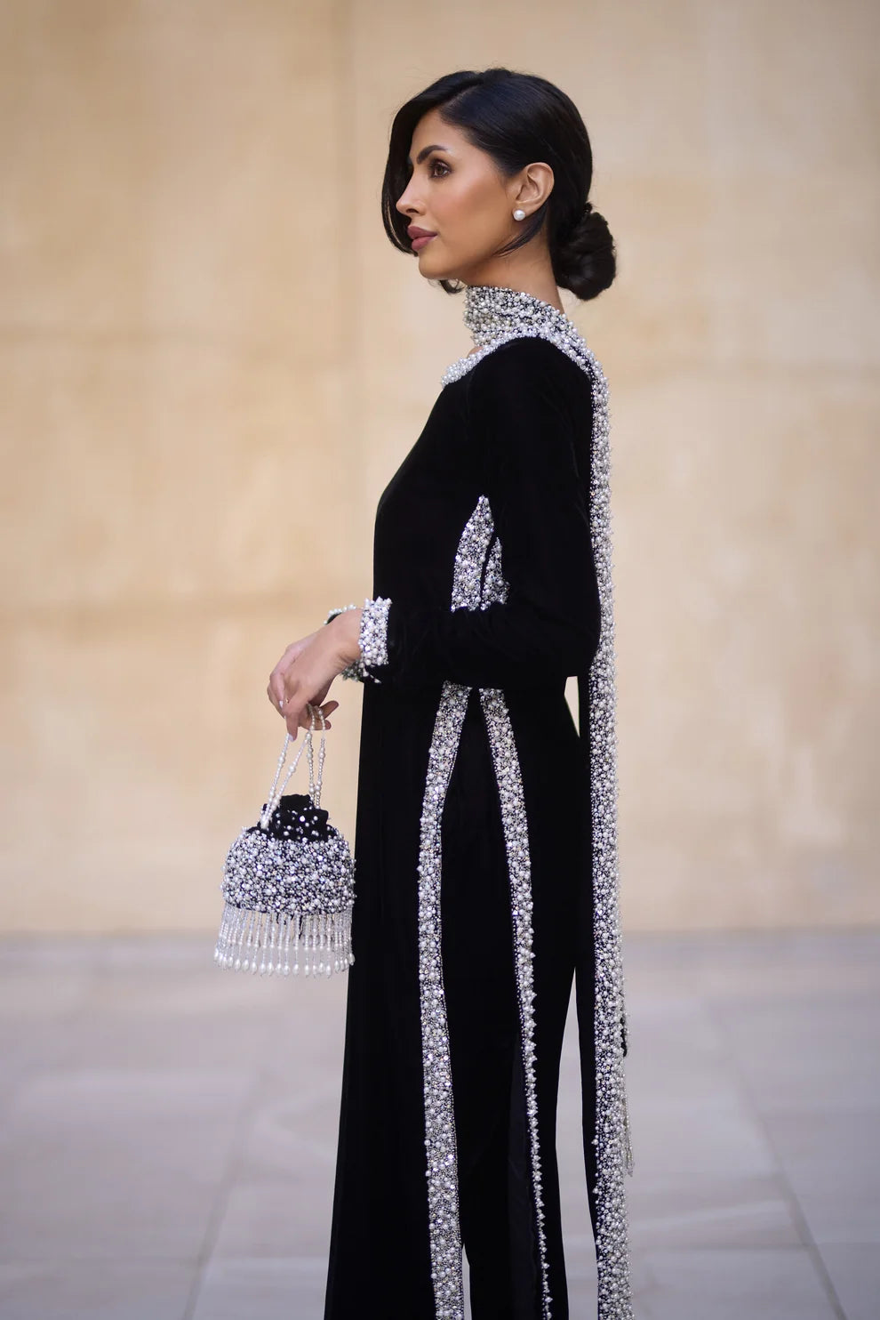 Black Velvet Pearl-Embellished Kameez Set