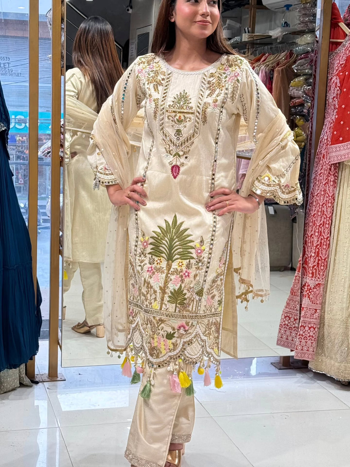 Maharani Ivory Embroidered Kurta Set with Tassel Dupatta | Gulaal Jaipur