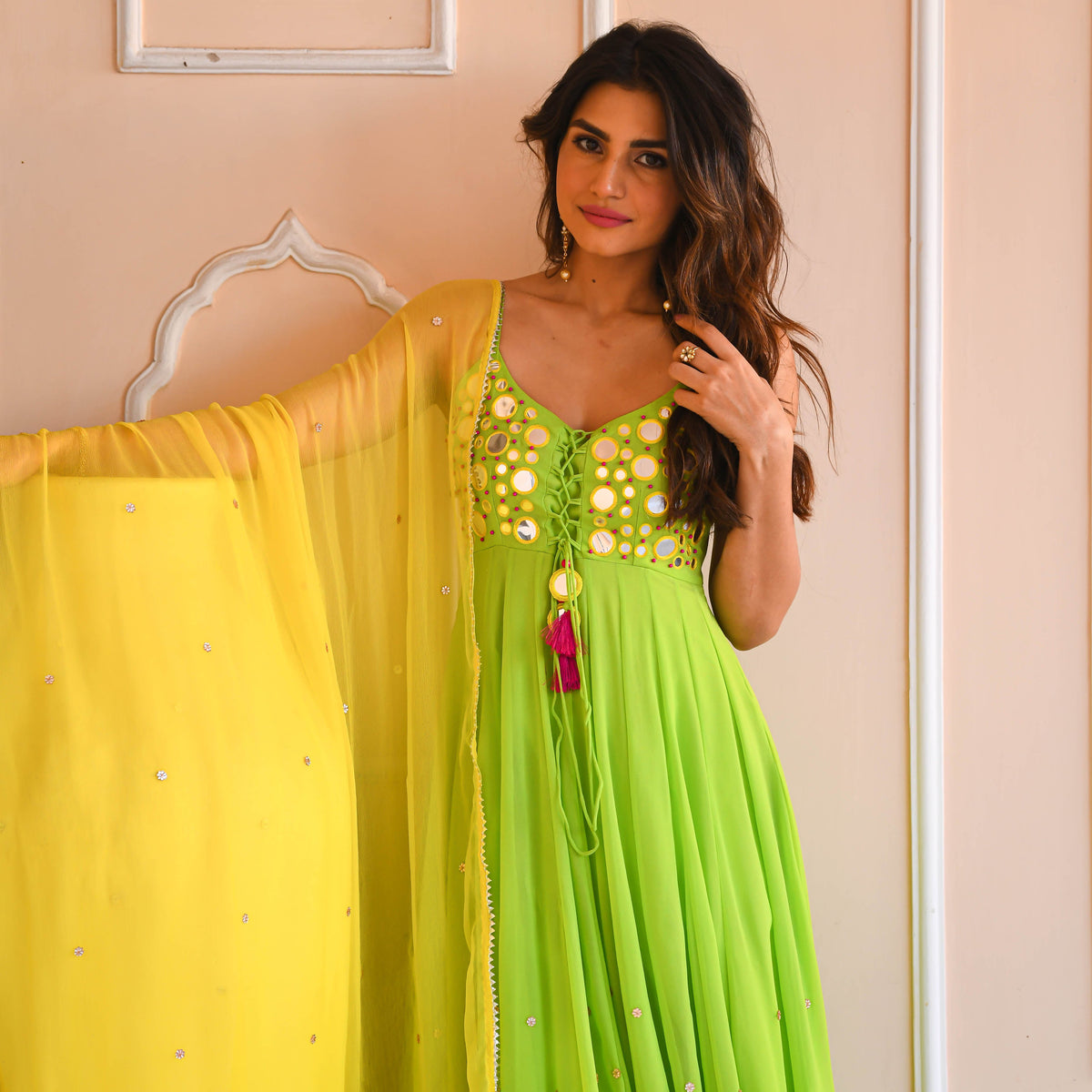 Yellow Green Mirror Work Suit Set