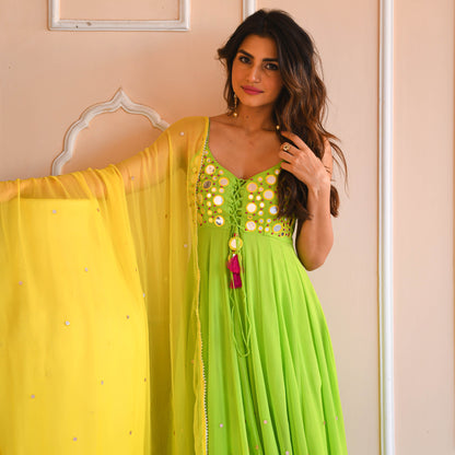Yellow Green Mirror Work Suit Set