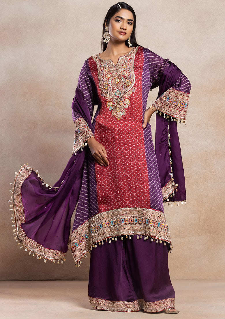 Rangrez Red and Purple Bandhani Kurta Palazzo Set | Gulaal Jaipur